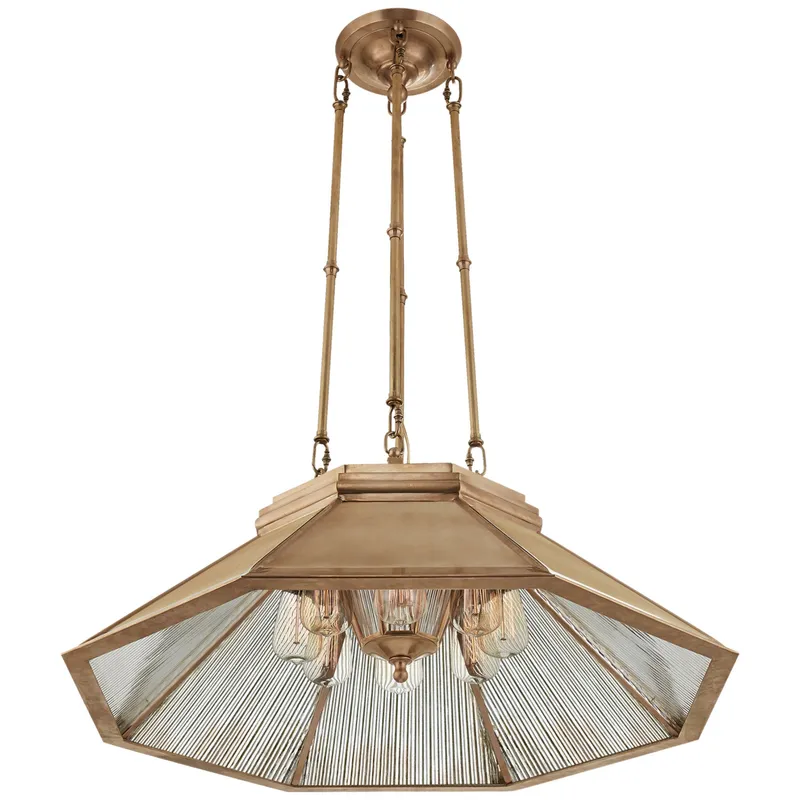 Ralph Lauren Rivington Medium Eight-Paneled Chandelier in Natural Brass with Antiqued Ribbed Mirror Ceiling Light W30.5" — Foundry Lighting LED Panel Lights  