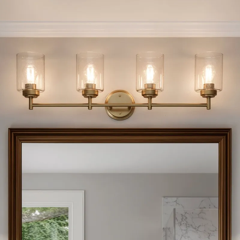 UKC20509 Industrial Indoor Bath Light, 9.25''H x 30''W x 6.5''Dep, Natural Brass Finish, Ravencourt Collection — Urban Ambiance LED Linear Lights 75.0W 3000K