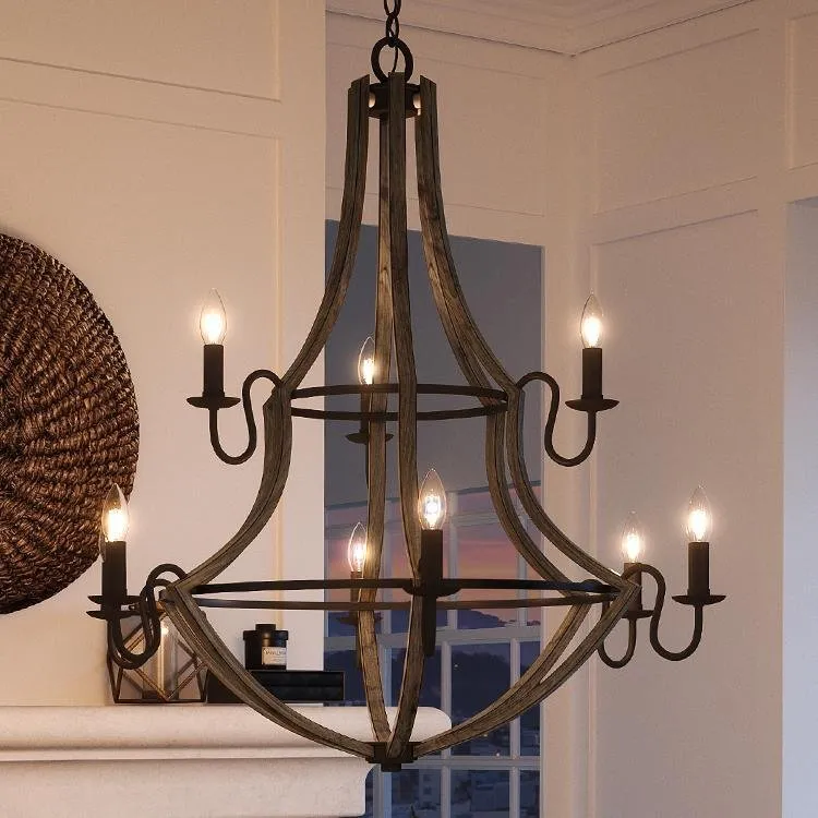 UQL2961 XXL Farmhouse Chandelier, 34.75"H x 32.5"W, Wood Grain Metal with Antique Black Finish, Swansea Collection — Urban Ambiance LED Landscape Lights  3000K