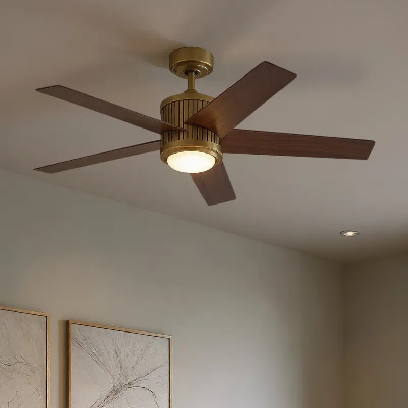 UKC90007 Modern Rustic Indoor Ceiling Fan, 15.5''H x 48''W x 48''Dep, Natural Brass Finish, Tressaire Collection — Urban Ambiance LED Post Top Lights 17.0W 3000K