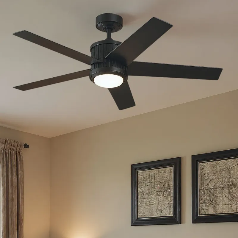 UKC90004 Modern Rustic Indoor Ceiling Fan, 15.5''H x 48''W x 48''Dep, Satin Black Finish, Tressaire Collection — Urban Ambiance LED Post Top Lights 17.0W 3000K
