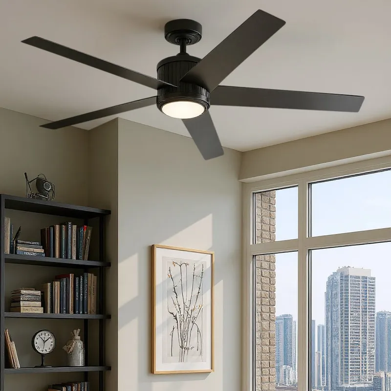 UKC90003 Modern Rustic Indoor Ceiling Fan, 15.5''H x 56''W x 56''Dep, Satin Black Finish, Tressaire Collection — Urban Ambiance LED Post Top Lights 17.0W 3000K