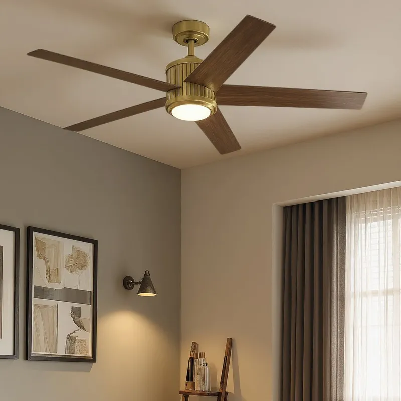 UKC90002 Modern Rustic Indoor Ceiling Fan, 15.5''H x 56''W x 56''Dep, Natural Brass Finish, Tressaire Collection — Urban Ambiance LED Post Top Lights 17.0W 3000K