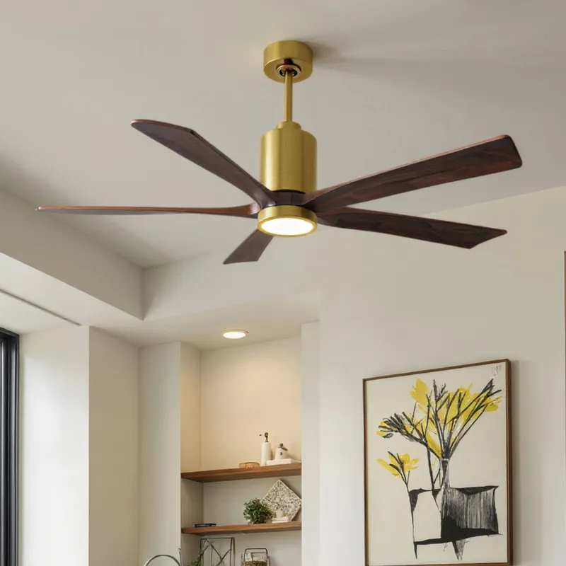 UMC9465 Colonial Indoor/Outdoor Ceiling Fan, 14" (Plus Downrod) H x 60" W x 60" D, Brushed Brass Finish, Thistmere Collection — Urban Ambiance LED Post Top Lights 31.6W 2700K