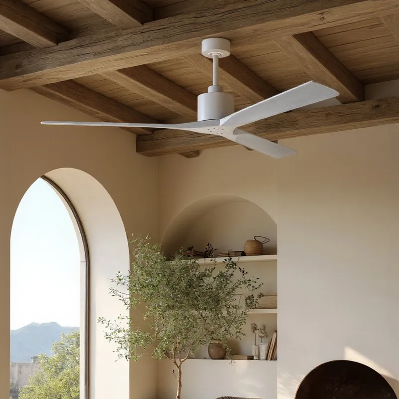 UMC9433 Art Deco Indoor/Outdoor Ceiling Fan, 12" (Plus Downrod) H x 72" W x 72" D, Matte White Finish, Breecelyn Collection — Urban Ambiance LED Lighting Controls 32.0W 