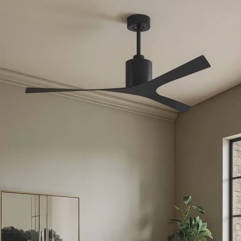 UMC9390 Minimalist Indoor/Outdoor Ceiling Fan, 12" (Plus Downrod) H x 56" W x 56" D, Matte Black Finish, Loquessa Collection — Urban Ambiance LED Lighting Controls 30.0W 