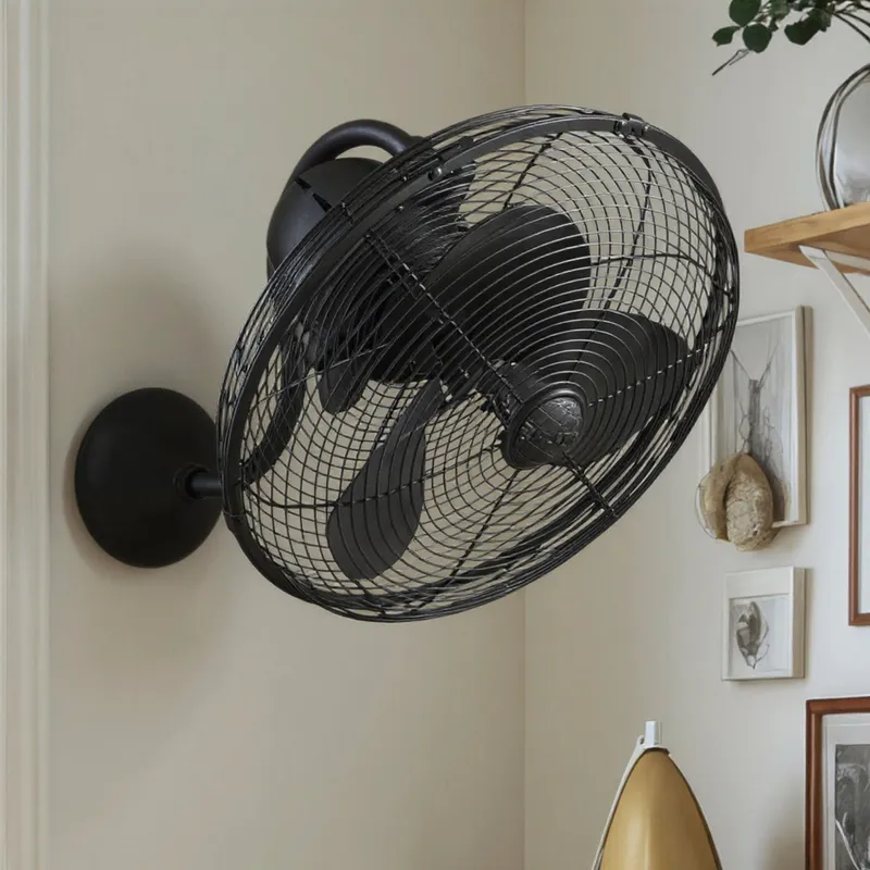 UMC9360 Art Deco Indoor/Outdoor Oscillating Wall Fan, 14.5 H x 16" W x 16" D, Matte Black Finish, Kestmere Collection — Urban Ambiance LED Lighting Controls 28.1W 