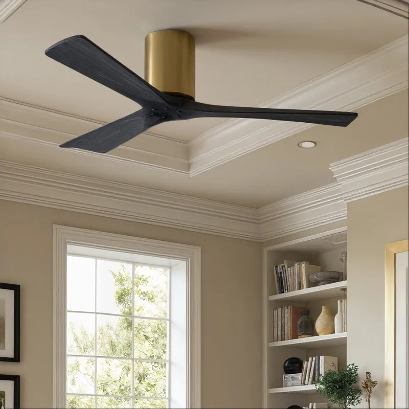 UMC9249 Minimalist Indoor/Outdoor Ceiling Fan, 10" H x 52" W x 52" D, Brushed Brass Finish, Aerwyn Collection — Urban Ambiance LED Lighting Controls 30.2W 