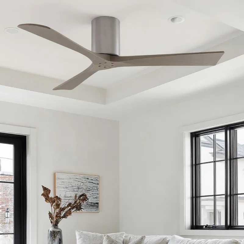 UMC9239 Minimalist Indoor/Outdoor Ceiling Fan, 10" H x 52" W x 52" D, Brushed Nickel Finish, Aerwyn Collection — Urban Ambiance LED Lighting Controls 30.2W 