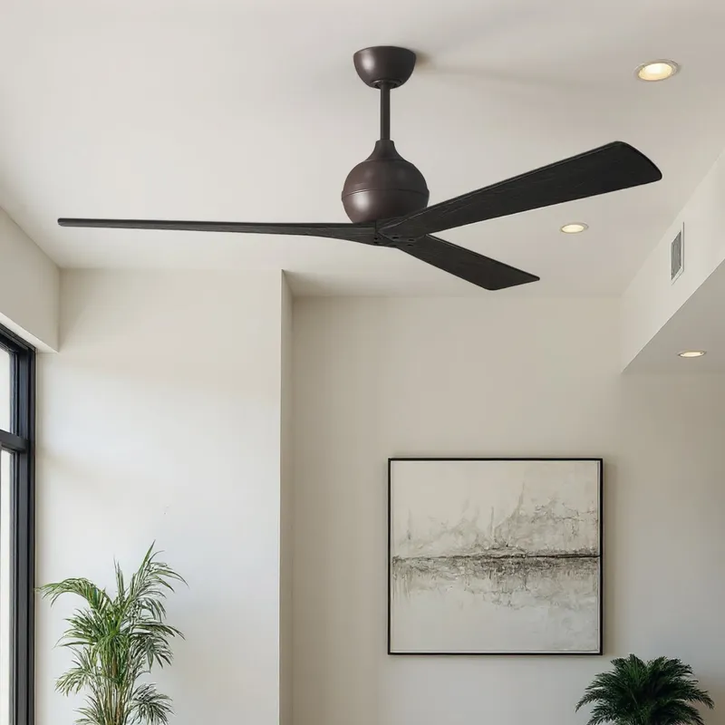 UMC9200 Modern Farmhouse Indoor/Outdoor Ceiling Fan, 12" (Plus Downrod) H x 72" W x 72" D, Textured Bronze Finish, Whisora Collection — Urban Ambiance LED Lighting Controls 33.0W 