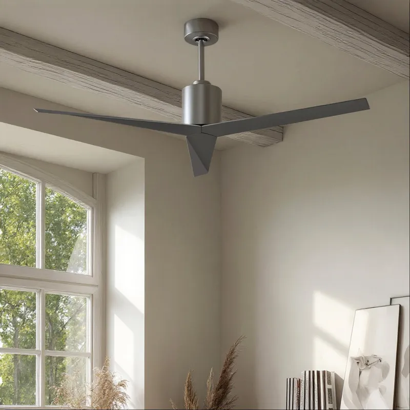 UMC9184 Modern Indoor/Outdoor Ceiling Fan, 12" (Plus Downrod) H x 56" W x 56" D, Brushed Nickel Finish, Briswynne Collection — Urban Ambiance LED Lighting Controls 33.1W 