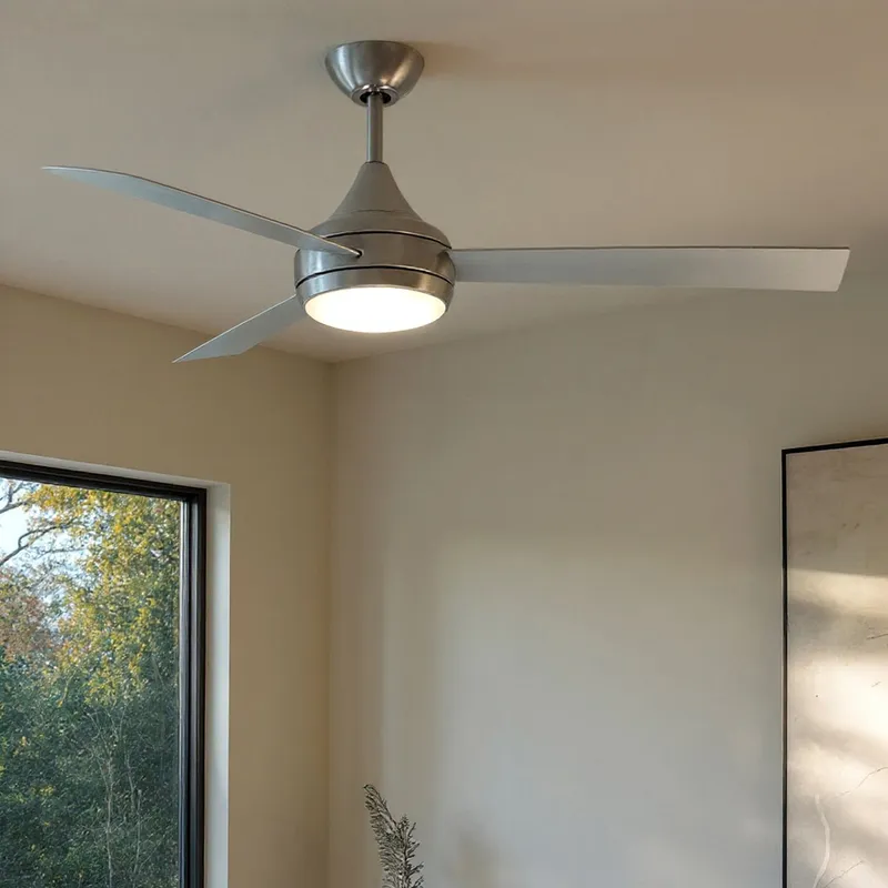 UMC9177 Minimalist Indoor/Outdoor Ceiling Fan, 9" (Plus Downrod) H x 52" W x 52" D, Brushed Stainless Finish, Asquell Collection — Urban Ambiance LED Post Top Lights 58.6W 3017K