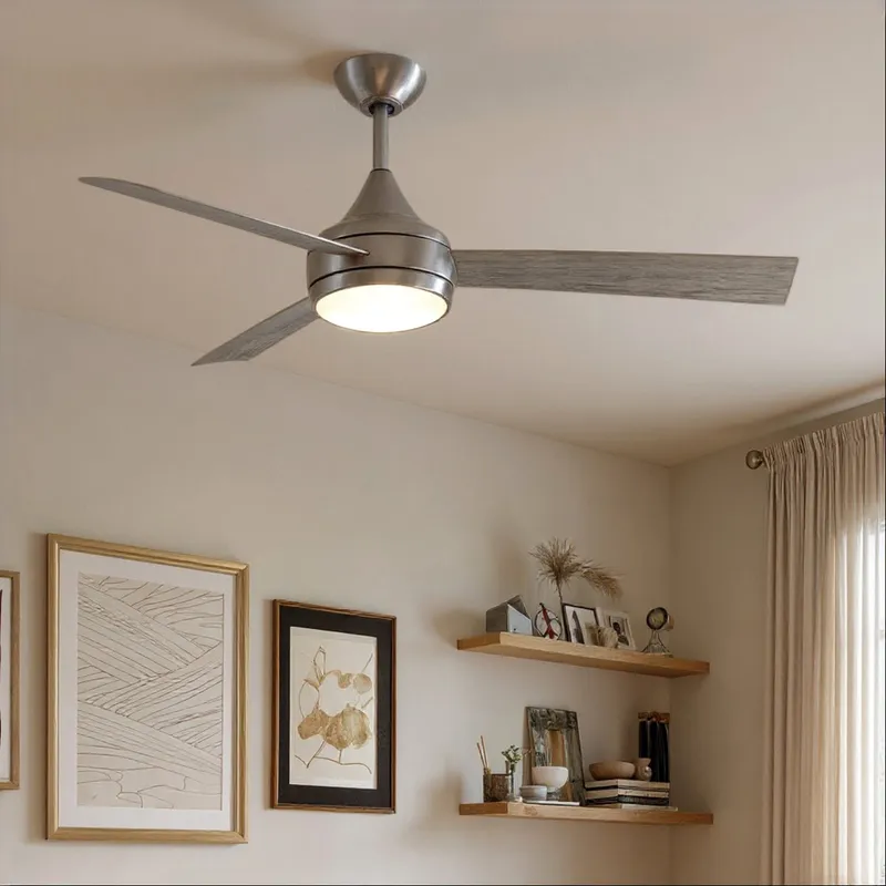 UMC9176 Scandinavian Indoor/Outdoor Ceiling Fan, 9" (Plus Downrod) H x 52" W x 52" D, Brushed Stainless Finish, Asquell Collection — Urban Ambiance LED Post Top Lights 58.6W 3017K