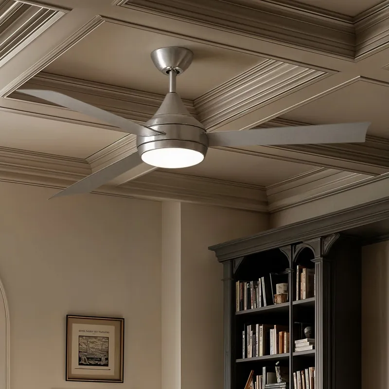 UMC9175 Contemporary Indoor/Outdoor Ceiling Fan, 9" (Plus Downrod) H x 52" W x 52" D, Brushed Stainless Finish, Asquell Collection — Urban Ambiance LED Post Top Lights 58.6W 3017K