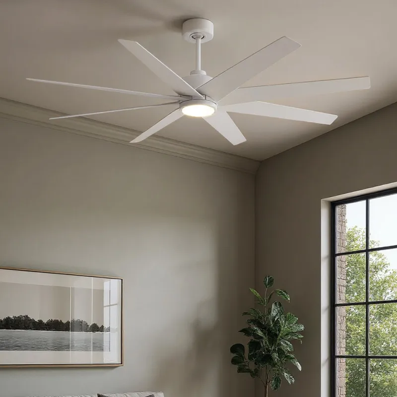 UMC9129 Contemporary Indoor/Outdoor Ceiling Fan, 9" (Plus Downrod) H x 64" W x 64" D, Matte White Finish, Brivelle Collection — Urban Ambiance LED Post Top Lights 33.1W 6500K