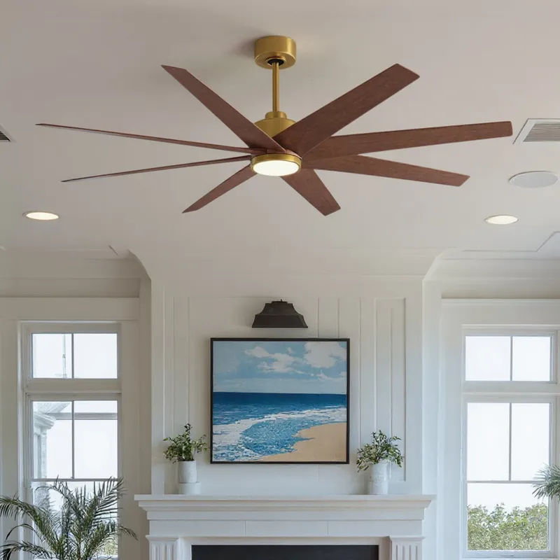UMC9128 Modern Indoor/Outdoor Ceiling Fan, 9" (Plus Downrod) H x 64" W x 64" D, Brushed Brass Finish, Brivelle Collection — Urban Ambiance LED Post Top Lights 33.1W 6500K