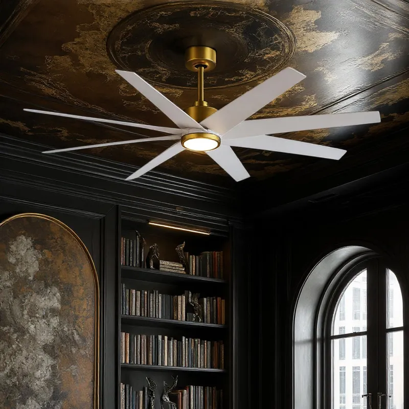 UMC9127 Industrial Indoor/Outdoor Ceiling Fan, 9" (Plus Downrod) H x 64" W x 64" D, Brushed Brass Finish, Brivelle Collection — Urban Ambiance LED Post Top Lights 33.1W 6500K