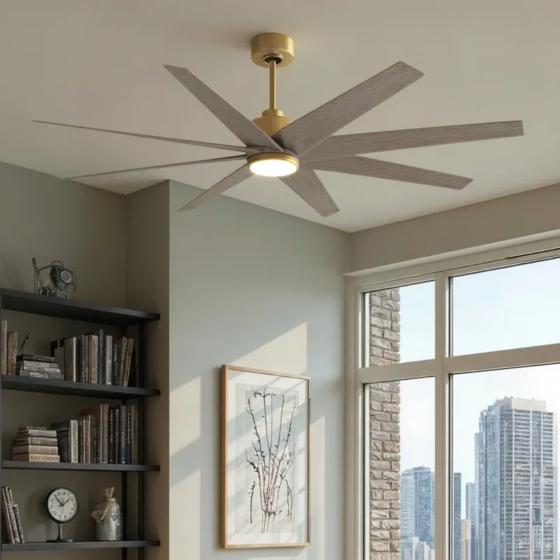 UMC9126 Modern Indoor/Outdoor Ceiling Fan, 9" (Plus Downrod) H x 64" W x 64" D, Brushed Brass Finish, Brivelle Collection — Urban Ambiance LED Post Top Lights 33.1W 6500K