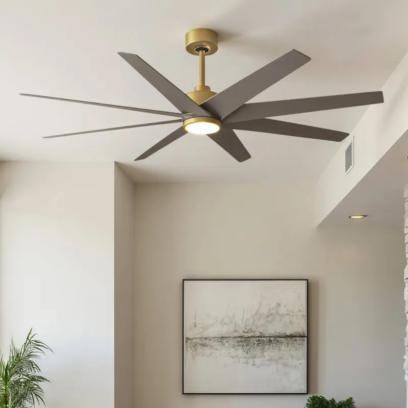 UMC9125 Industrial Indoor/Outdoor Ceiling Fan, 9" (Plus Downrod) H x 64" W x 64" D, Brushed Brass Finish, Brivelle Collection — Urban Ambiance LED Post Top Lights 33.1W 6500K
