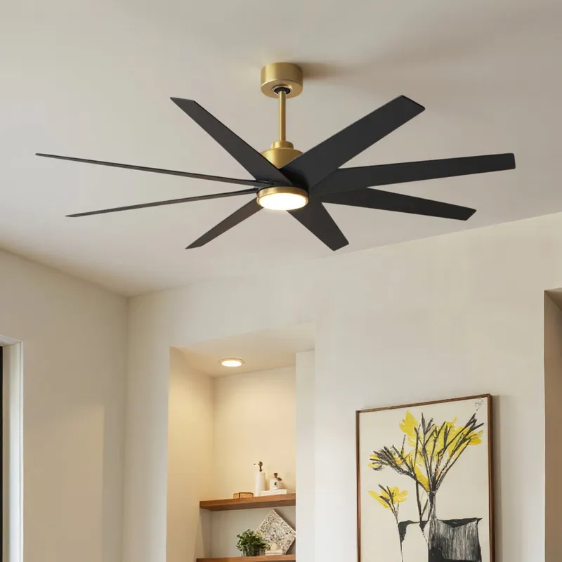 UMC9124 Modern Indoor/Outdoor Ceiling Fan, 9" (Plus Downrod) H x 64" W x 64" D, Brushed Brass Finish, Brivelle Collection — Urban Ambiance LED Post Top Lights 33.1W 2700K