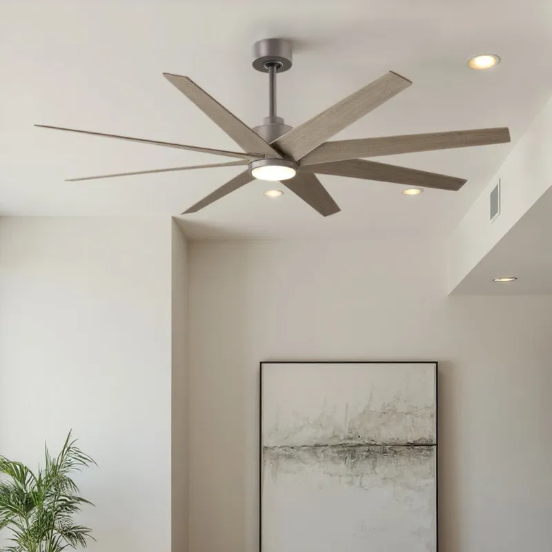UMC9122 Industrial Indoor/Outdoor Ceiling Fan, 9" (Plus Downrod) H x 64" W x 64" D, Brushed Nickel Finish, Brivelle Collection — Urban Ambiance LED Post Top Lights 33.1W 6500K