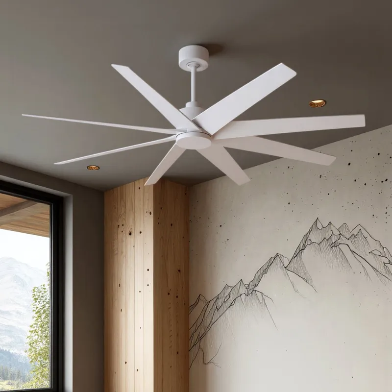 UMC9117 Modern Farmhouse Indoor/Outdoor Ceiling Fan, 8.5" (Plus Downrod) H x 64" W x 64" D, Matte White Finish, Brivelle Collection — Urban Ambiance LED Lighting Controls 33.1W 