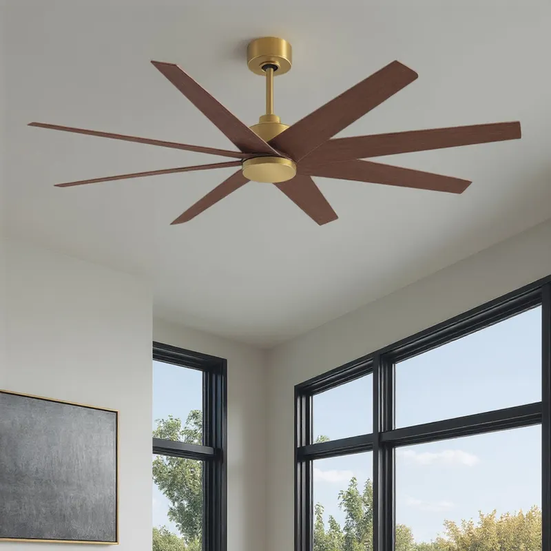 UMC9115 Transitional Indoor/Outdoor Ceiling Fan, 8.5" (Plus Downrod) H x 64" W x 64" D, Brushed Brass Finish, Brivelle Collection — Urban Ambiance LED Lighting Controls 33.1W 