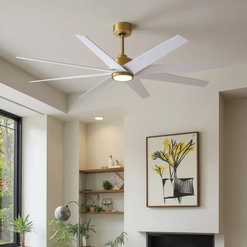 UMC9114 Glam Indoor/Outdoor Ceiling Fan, 8.5" (Plus Downrod) H x 64" W x 64" D, Brushed Brass Finish, Brivelle Collection — Urban Ambiance LED Post Top Lights 33.1W 
