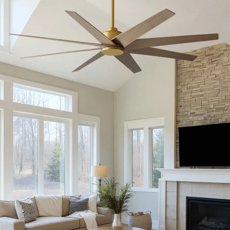 UMC9113 Urban Loft Indoor/Outdoor Ceiling Fan, 8.5" (Plus Downrod) H x 64" W x 64" D, Brushed Brass Finish, Brivelle Collection — Urban Ambiance LED Lighting Controls 33.1W 