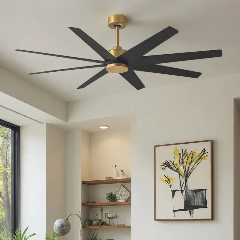 UMC9112 Utilitarian Indoor/Outdoor Ceiling Fan, 8.5" (Plus Downrod) H x 64" W x 64" D, Brushed Brass Finish, Brivelle Collection — Urban Ambiance LED Lighting Controls 33.1W 