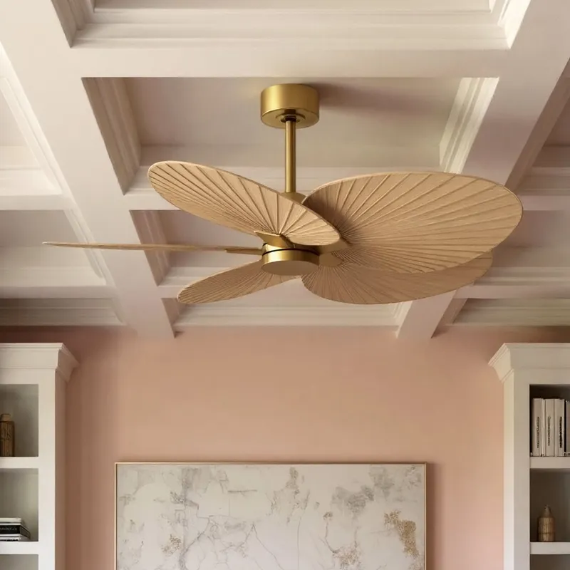 UMC9075 Natural Indoor/Outdoor Ceiling Fan, 8" (Plus Downrod) H x 48" W x 48" D, Brushed Brass Finish, Pelmere Collection — Urban Ambiance LED Lighting Controls 35.0W 