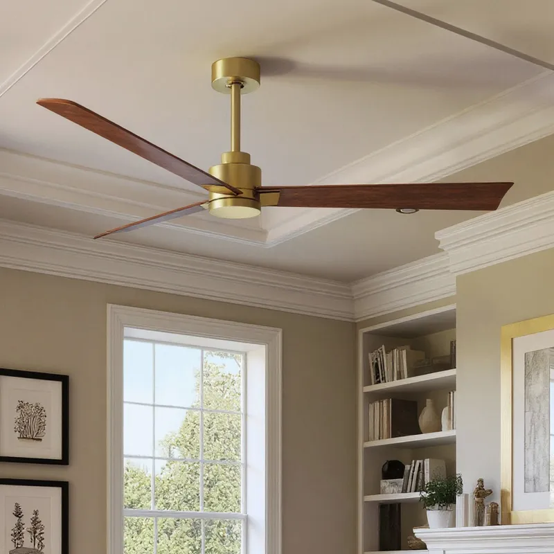 UMC9025 Contemporary Indoor/Outdoor Ceiling Fan, 8" (Plus Downrod) H x 56" W x 56" D, Brushed Brass Finish, Drifthelm Collection — Urban Ambiance LED Lighting Controls 34.8W 