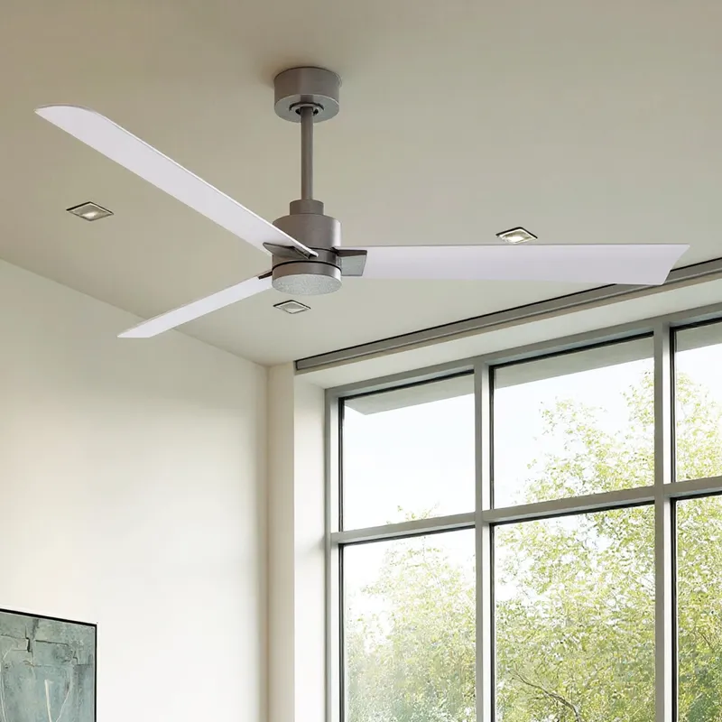 UMC9022 Scandinavian Indoor/Outdoor Ceiling Fan, 8" (Plus Downrod) H x 56" W x 56" D, Brushed Nickel Finish, Drifthelm Collection — Urban Ambiance LED Lighting Controls 34.8W 