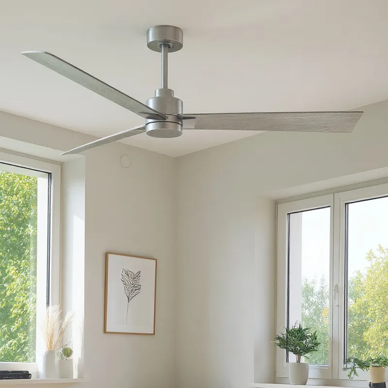 UMC9019 Industrial Indoor/Outdoor Ceiling Fan, 8" (Plus Downrod) H x 56" W x 56" D, Brushed Nickel Finish, Drifthelm Collection — Urban Ambiance LED Lighting Controls 34.8W 