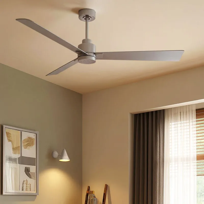 UMC9016 Industrial Indoor/Outdoor Ceiling Fan, 8" (Plus Downrod) H x 56" W x 56" D, Brushed Nickel Finish, Drifthelm Collection — Urban Ambiance LED Lighting Controls 34.8W 