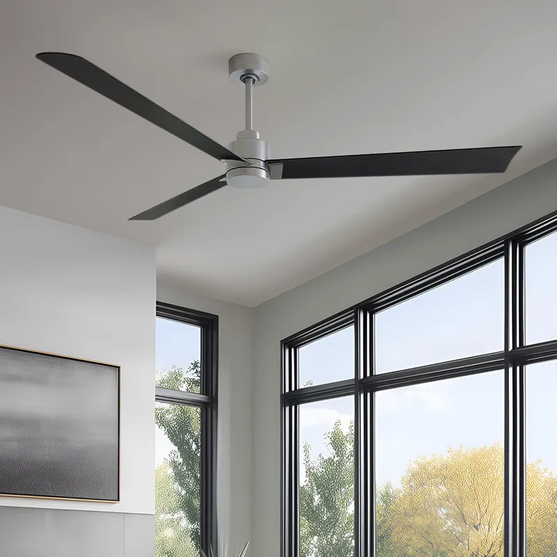UMC9014 Modern Indoor/Outdoor Ceiling Fan, 8" (Plus Downrod) H x 72" W x 72" D, Brushed Nickel Finish, Drifthelm Collection — Urban Ambiance LED Lighting Controls 34.4W 