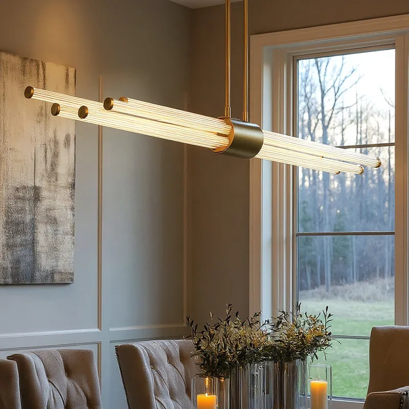 UQL6350 Luxe Industrial Indoor Chandelier, 4.50''H x 46.00''W x 3.50''Dep, Brushed Gold Finish, Farmington Collection — Urban Ambiance LED Linear Lights 27.0W 3000K