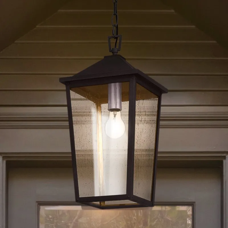 UQL1873 Modern Rustic Outdoor Pendant, 18.75''H x 9.25''W x 9.25''D, Mottled Black Finish, Elmwood Collection, Marine-Grade Construction — Urban Ambiance LED Landscape Lights 100.0W 3000K