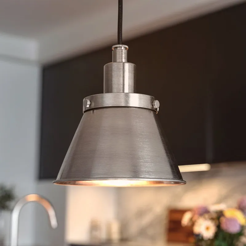 UHP4671 Modern Farmhouse Indoor Pendant, 8-5/8''H x 8-1/4"W x 8-1/4''D, Brushed Nickel Finish, Pawtucket Collection — Urban Ambiance LED Landscape Lights 60.0W 3000K