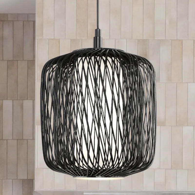UHP4531 Natural Indoor Pendant, 14''H x 10"W x 10''D, Black Rattan Finish, Bedford Collection — Urban Ambiance LED Landscape Lights 60.0W 3000K