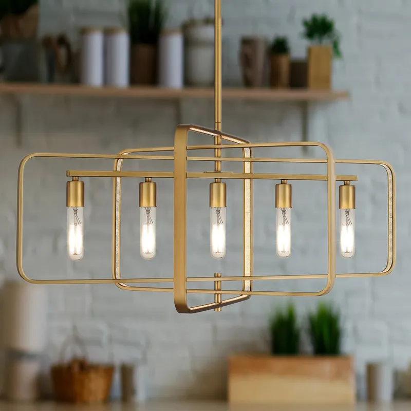 UQL4720 Mid-Century Modern Indoor Chandelier, 16.00''H x 34.00''W x 17.00''D, Brushed Weathered Brass Finish, Newbury Collection — Urban Ambiance LED Landscape Lights 100.0W 3000K