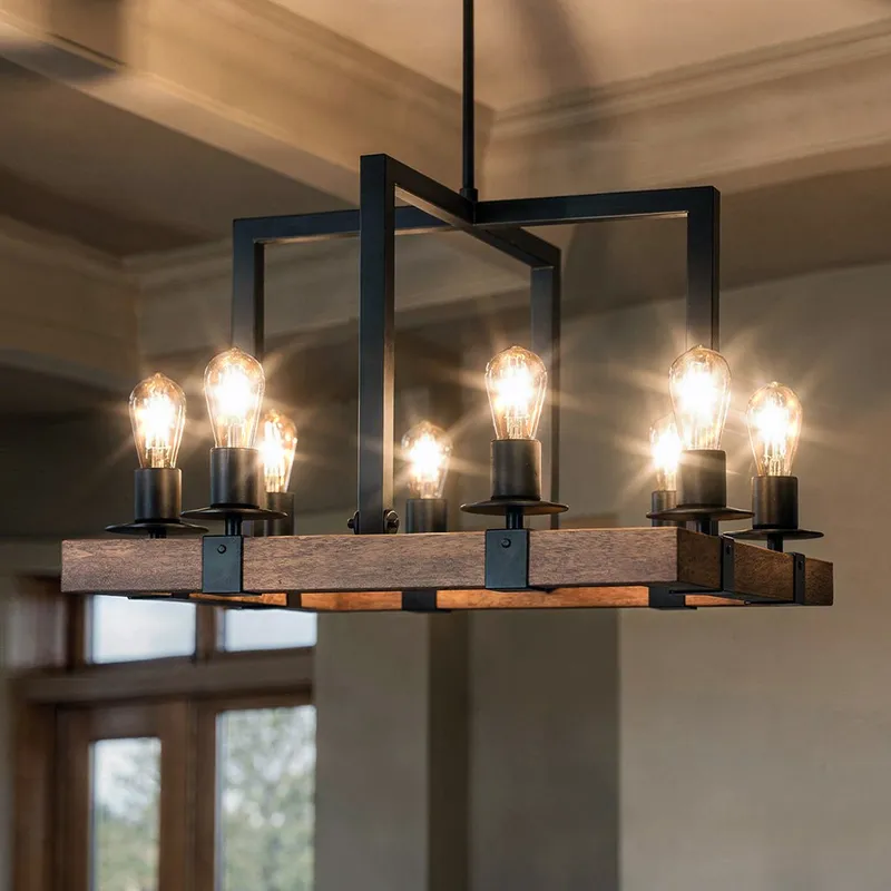 UFS2012 Modern Farmhouse Chandelier, 15''H x 22''W, Matte Black & Rich Walnut Finish, Broadway Collection — Urban Ambiance LED Landscape Lights 60.0W 3000K