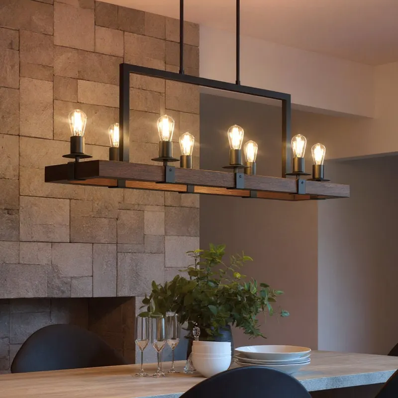 UFS2011 Modern Farmhouse Chandelier, 15''H x 44''W, Matte Black & Rich Walnut Finish, Broadway Collection — Urban Ambiance LED Landscape Lights 60.0W 3000K