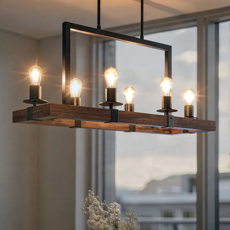 UFS2010 Modern Farmhouse Chandelier, 15''H x 33''W, Matte Black & Rich Walnut Finish, Broadway Collection — Urban Ambiance LED Landscape Lights 60.0W 3000K