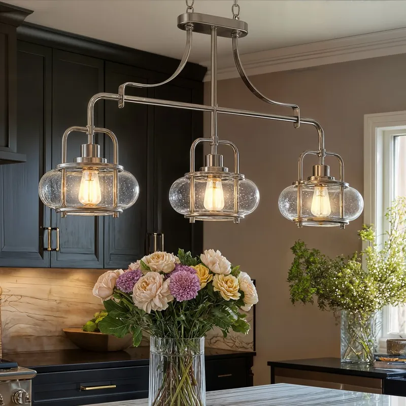 UQL3380 Utilitarian Chandelier, 21.55"H x 38"W, Brushed Nickel Finish, Clearwater Collection — Urban Ambiance LED Linear Lights  3000K