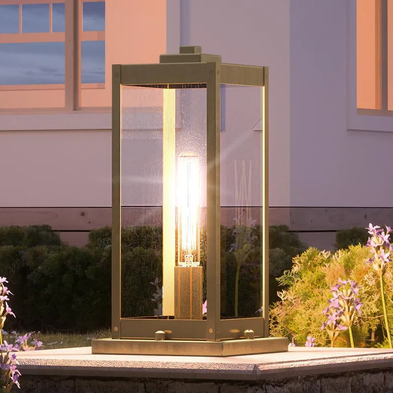 UQL1346 Modern Farmhouse Outdoor Pier Light, 16"H x 7.5"W, Antique Brass Finish, Quincy Collection — Urban Ambiance LED Lighting Controls  3000K