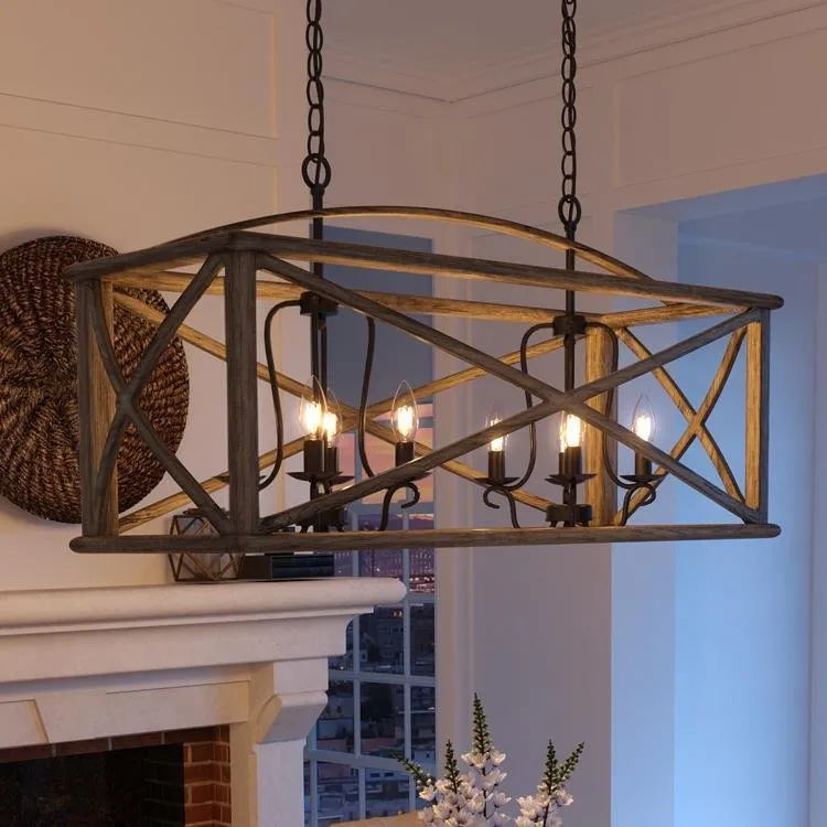 UQL3002 XL Farmhouse Chandelier, 19.5"H x 40.75"W, Wood Grain Metal with Antique Black Finish, Barnsley Collection — Urban Ambiance LED Linear Lights  3000K