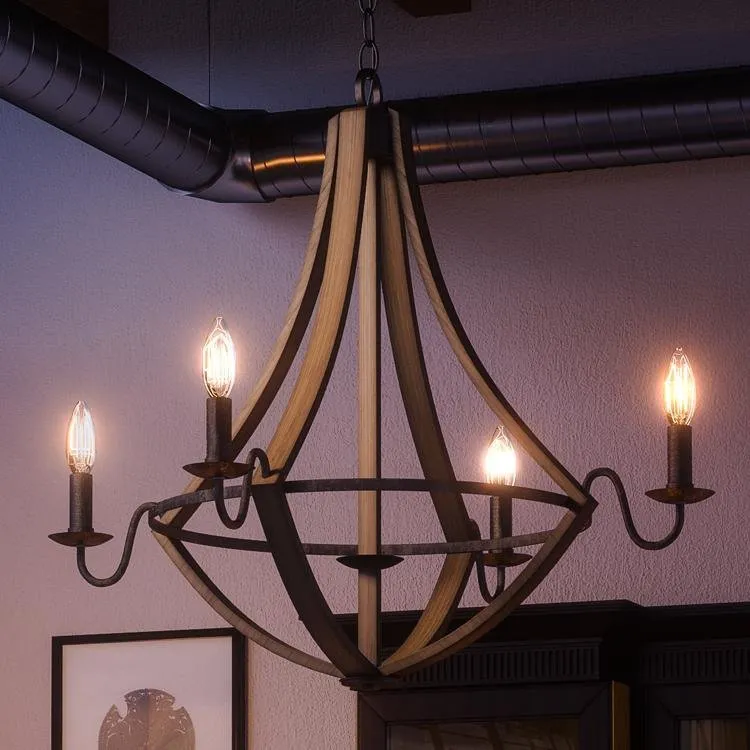 UQL2960 XL Farmhouse Chandelier, 25"H x 26.5"W, Wood Grain Metal with Antique Black Finish, Swansea Collection — Urban Ambiance LED Landscape Lights  3000K