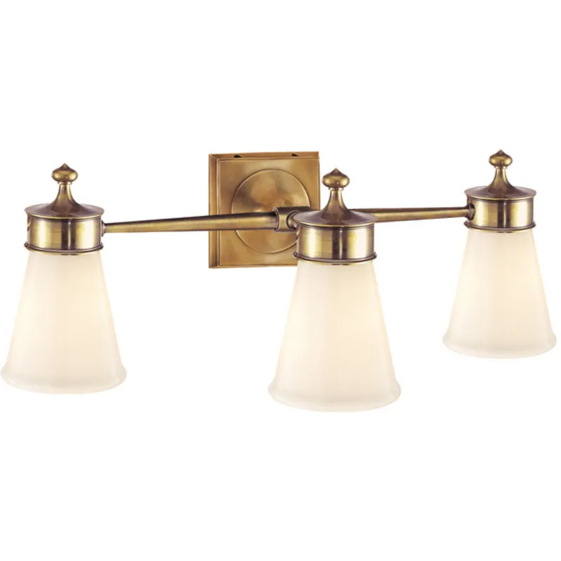 Visual Comfort Siena Triple Sconce in Hand-Rubbed Antique Brass with White Glass Wall Light W23" x H8.25"