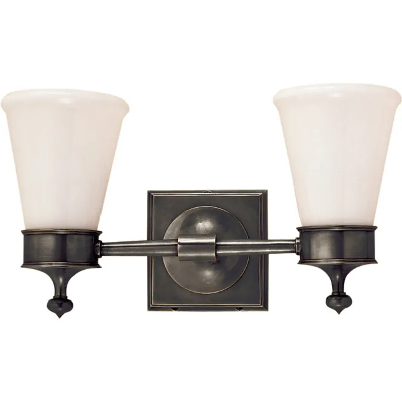 Visual Comfort Siena Double Sconce in Bronze with White Glass Wall Light W15" x H8.25"